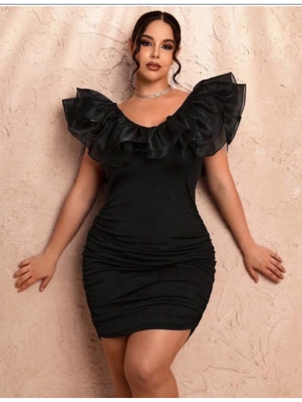 Black Ruffle Off-Shoulder Bodycon Dress - Picture 4 of 11